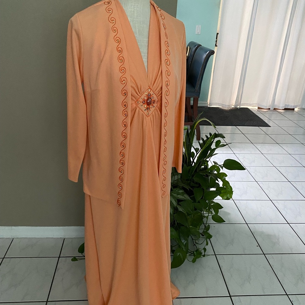 Vintage 2 pc Halter Dress Gown Jacket 70s Knit JC Penneys Coral Embellished 70s - Picture 3 of 16